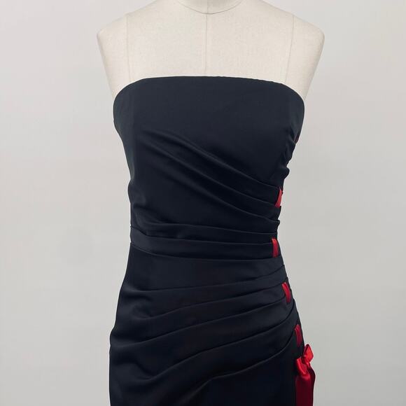 Vintage 90s Y2k Satin Gown Strapless Ribbon Lace Up Side Ruched Black Red 0 - Picture 2 of 10